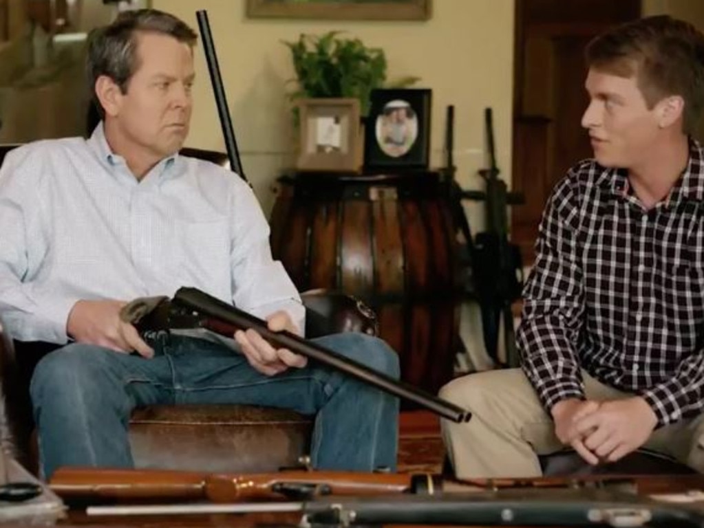 Georgia’s gun-loving governor Brian Kemp clutched a shotgun during a campaign advert. Picture: Twitter