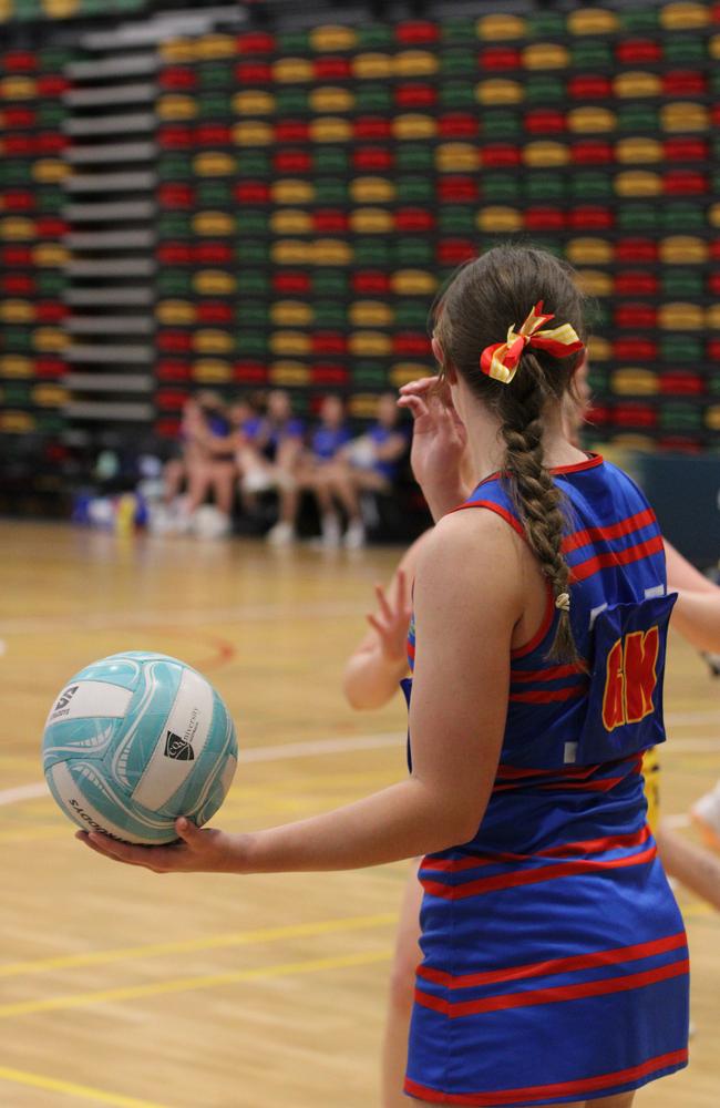 Netball action at QISSN 2024 held in Townsville. St Columbans College v Downlands College