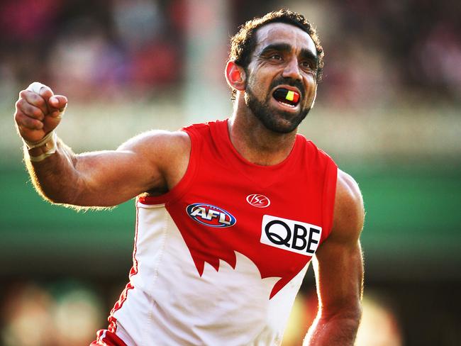 Adam Goodes celebrates booting another goal for the Swans. Picture. Phil Hillyard