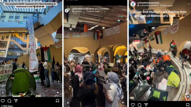 The student group Unimelb for Palestine says the building has been ‘claimed’ as Mahmoud’s Hall after Mahmoud Alnaouq, who was supposed to study in Melbourne but was killed with his family in Gaza. Pictures: Instagram