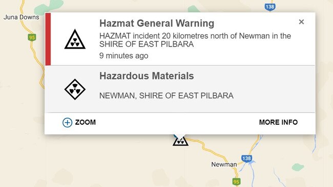 The crash was reported about 6.09pm Wednesday, with the vehicle understood to be carrying ammonium nitrate at the time. Picture: DFES