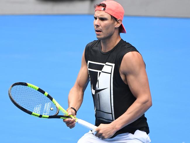 Rafael Nadal is seen during a practice session at Rod Laver Arena