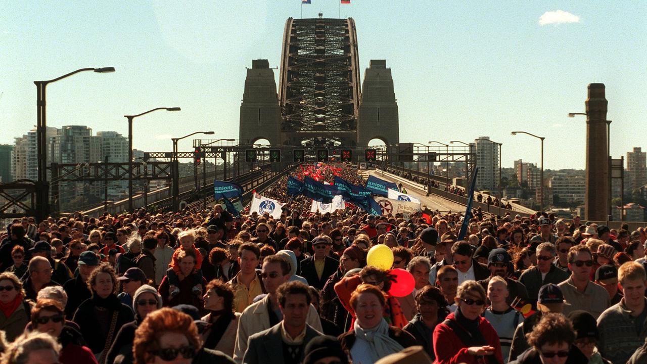 MAY 28, 2000: Over 250,000 walking across closed Sydney Harbour Bridge for Walk for Reconciliatio. Picture: Troy Bendeich