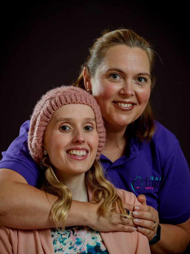 Nicole Dematos has helped create a product which will see chemotherapy patients like Kaitlyn O’Kane wear headbands with their own hair sewn into it.