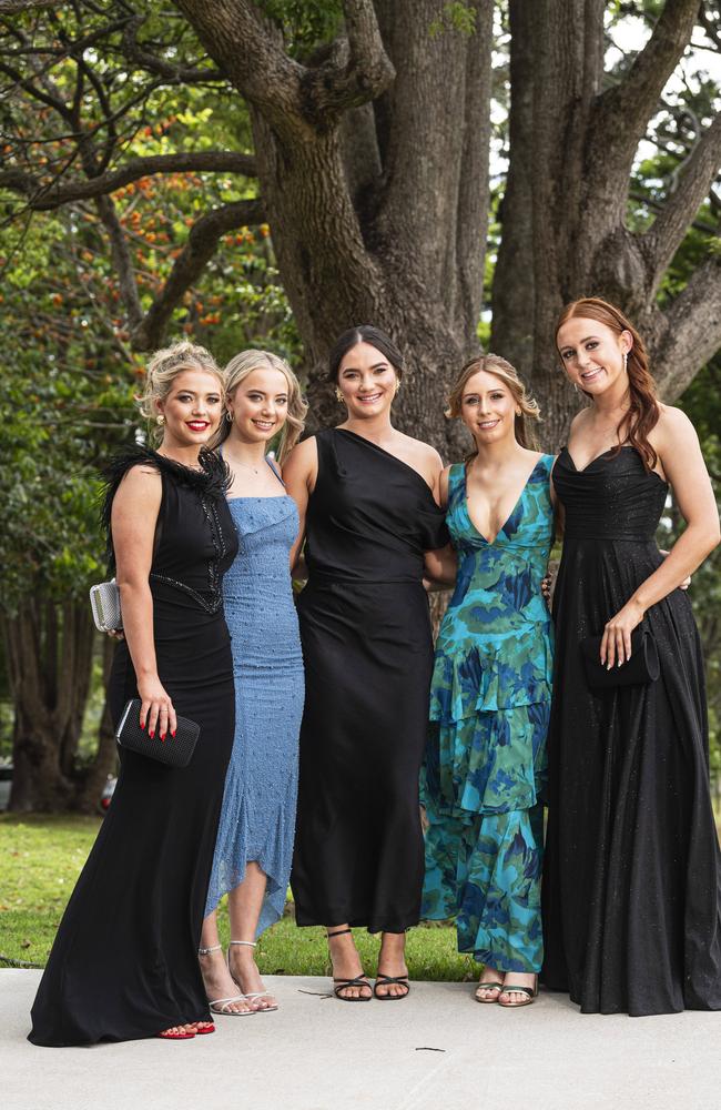 Graduates (from left) Mackenzie McCauley, Chloe Lane, Lola Hunt, Annabelle Savage and Ruby Pascoe as Downlands College year 12 students come together for their valedictory mass at the college, Saturday, November 16, 2024. Picture: Kevin Farmer