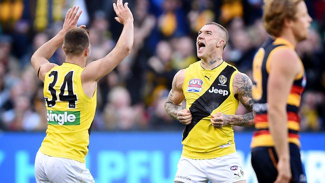 Jack Graham and Dustin Martin celebrate victory in the 2017 AFL Grand Final. Picture: Nicole Garmston