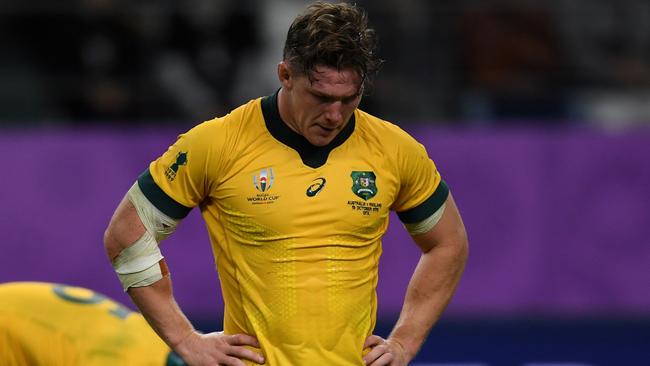 Australia's flanker Michael Hooper reacts after losing the Japan 2019 Rugby World Cup quarter-final match between England and Australia at the Oita Stadium in Oita on October 19, 2019. (Photo by CHARLY TRIBALLEAU / AFP)