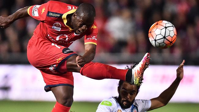Bruce Djite strikes the ball during the A-League semi-final against Melbourne City. It looks as if Djite will be lost to the Reds. Picture: Daniel Kalisz (Getty Images)