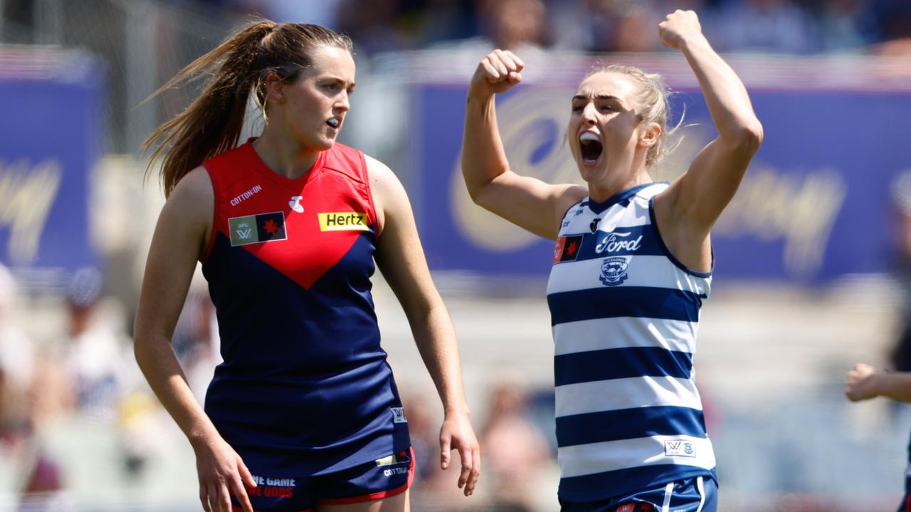 Amy McDonald of the Cats celebrates a goal during the 2023 AFLW Second Semi Final match between The Melbourne Demons and The Geelong Cats at IKON Park on November 19, 2023 in Melbourne, Australia. (Photo by Dylan Burns/AFL Photos via Getty Images)