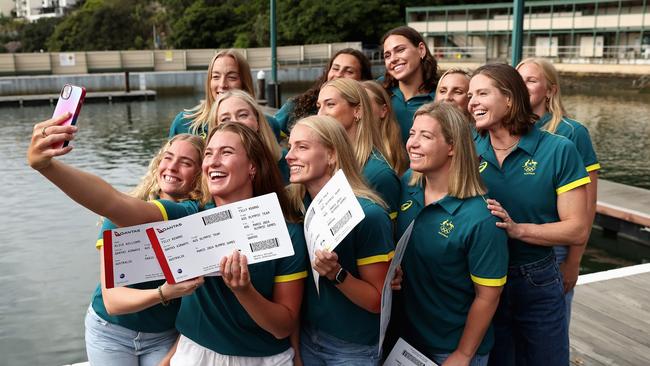 SYDNEY, AUSTRALIA - MAY 09: Matilda Kearns and members of the Australian Women's Water Polo team pose for a selfie during the Australian 2024 Paris Olympic Games Water Polo Squad Announcement at Dawn Fraser Baths on May 09, 2024 in Sydney, Australia. (Photo by Cameron Spencer/Getty Images)