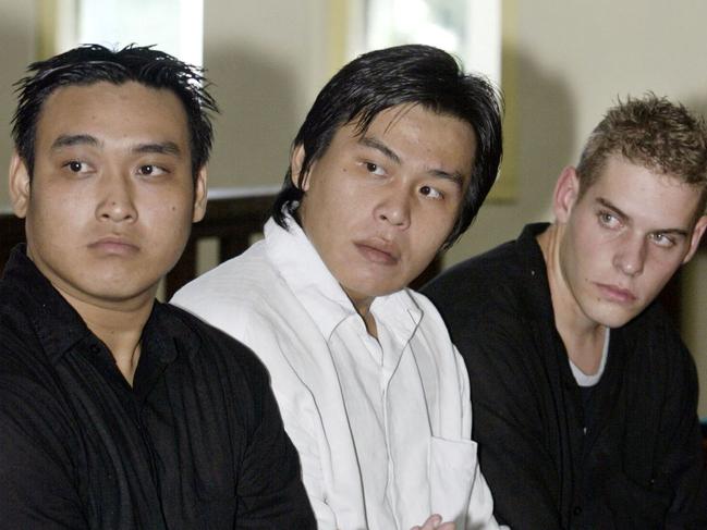 Convicted Australian drug smugglers (L-R) Tan Duc Thanh Nguyen, Si Yi Chen and Matthew Norman, three of the Bali Nine, sit in a courtroom during their appeal trial at Denpasar District Court in Bali, June 2007.