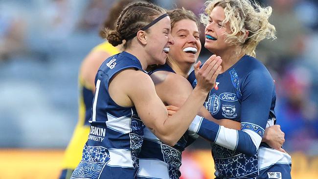 Mikayla Bowen, Nina Morrison and Georgie Prespakis all enjoyed strong campaigns with Geelong in 2024. Picture: Kelly Defina/Getty Images