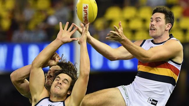 Crow Mitch McGovern flies against Essendon on Friday. Picture: Quinn Rooney/Getty Images