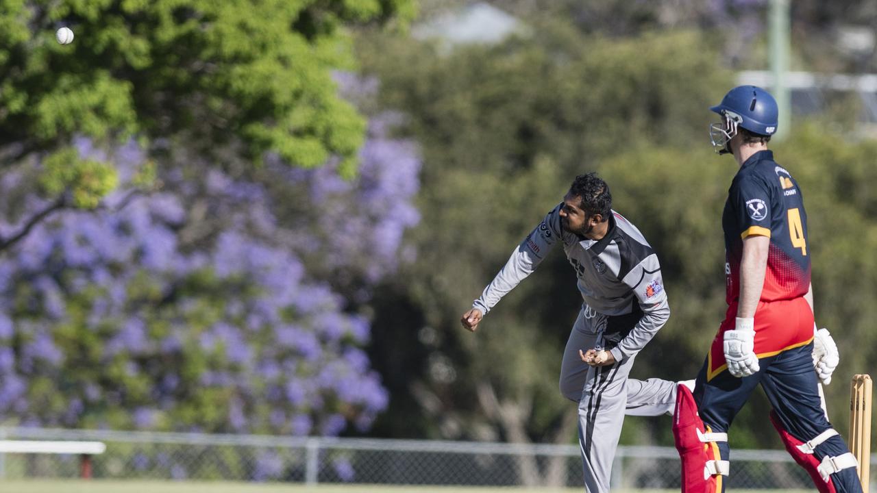 Deshaja Yukthi bowls for Souths Magpies against Metropolitan-Easts in A Grade One Day Toowoomba Cricket round 6 at Captain Cook Reserve, Saturday, November 11, 2023. Picture: Kevin Farmer