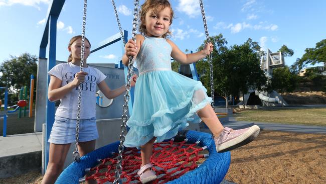 Arina 3 with her sister, Luciana 12 at the soon to be open Playgrounds which will be open on May 16, at Frew Park Milton in 2020. Photo: Steve Pohlner