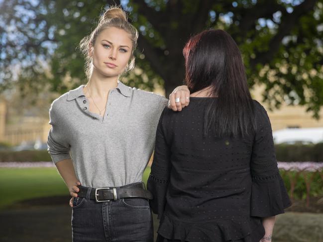 #LetHerSpeak campaigners and survivors of sexual abuse Grace Tame and Alicia* in Hobart. Picture: RICHARD JUPE