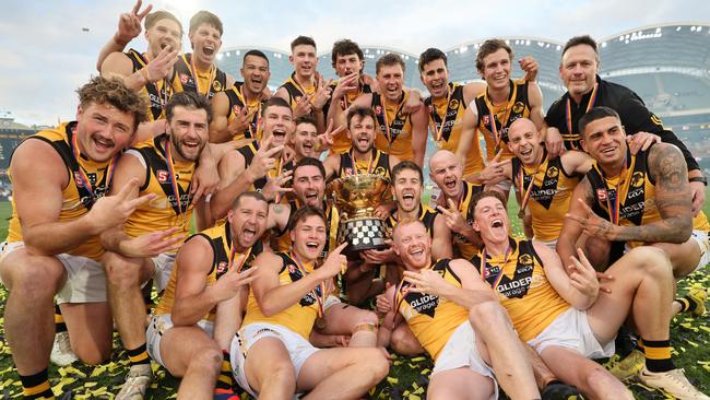 Glenelg celebrates winning the 2024 SANFL men’s grand final against Norwood at Adelaide Oval. Picture: David Mariuz/SANFL