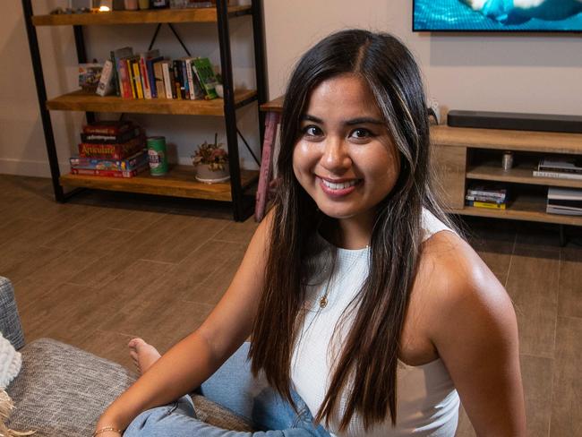 Portraits of Erika Moncada taken at her recently moved into first home in Edmondson Park, Sydney, on 11th March 2021.  Erika got much better value in the area where it is cheaper to buy than to rent. (Pictures by Julian Andrews).