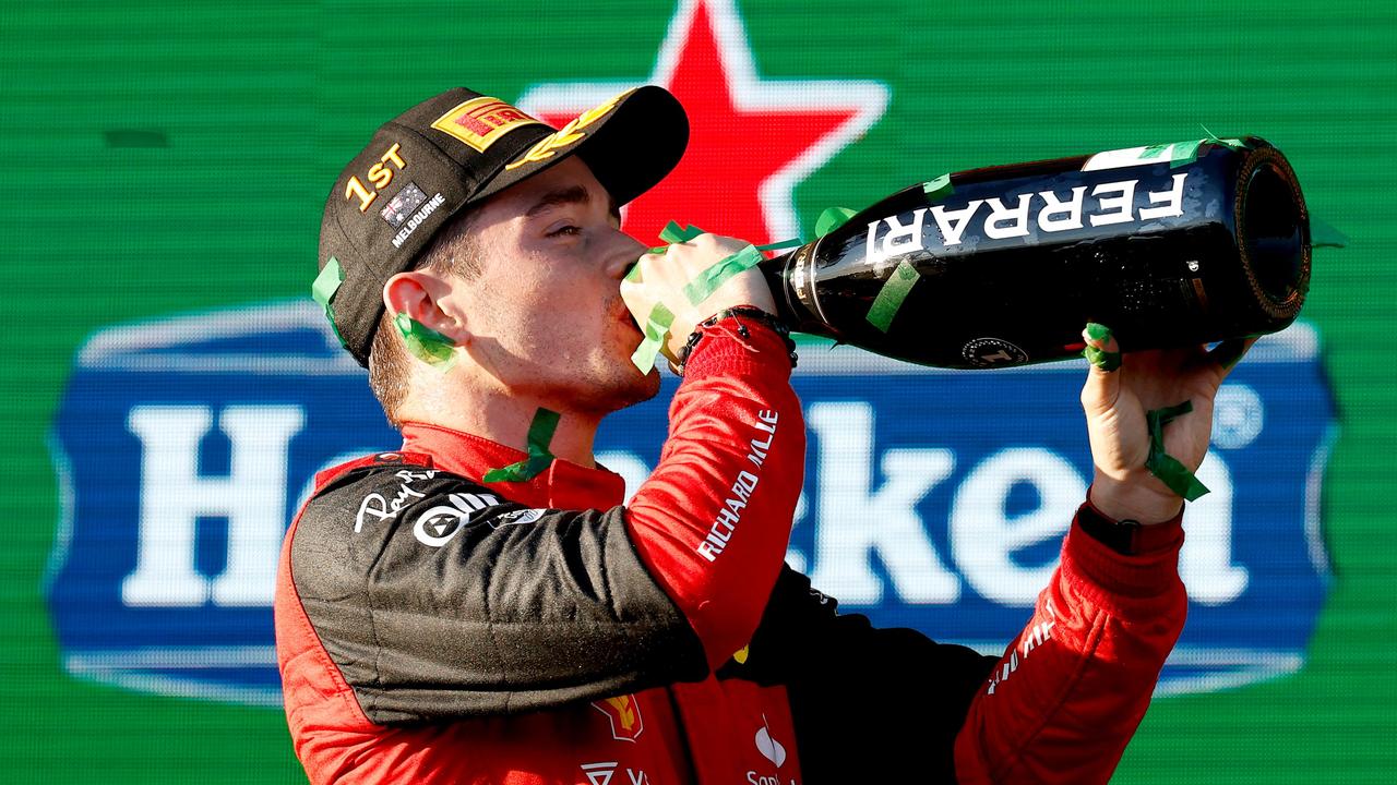 Charles Leclerc celebrates his victory at the 2022 Formula One Australian Grand Prix. Photo by Con Chronis / AFP.