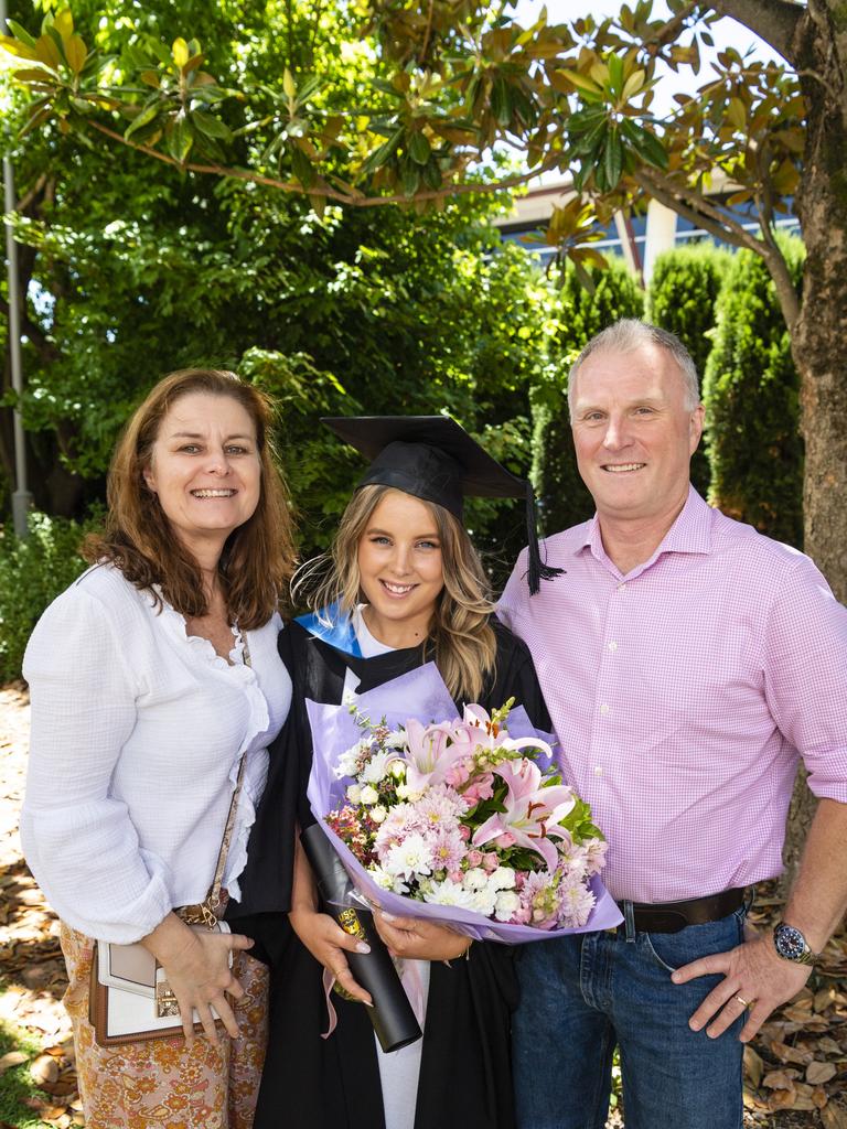 Bachelor of Nursing graduate Samantha Barnwell with parents Sue and Peter Barnwell at the UniSQ graduation ceremony at Empire Theatres, Wednesday, December 14, 2022.