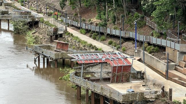 Aftermath of flooding, showing the level of floodwaters at the boardwalk at River Heart Parklands. (Picture: Ipswich City Council)