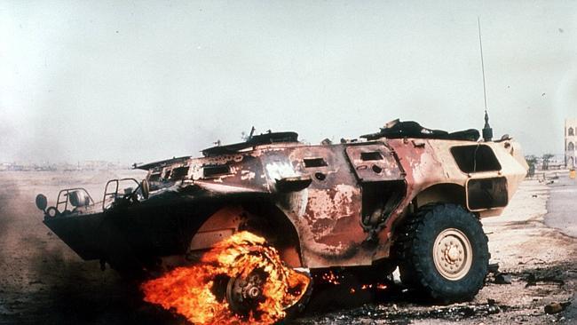  Gulf War in Iraq - army vehicle tank on fire during Operation Desert Storm 1991. 