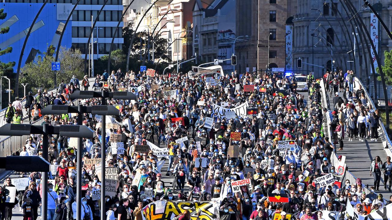 Thousands of people at a Black Lives Matter protest cross Victoria bridge. (Picture, John Gass)