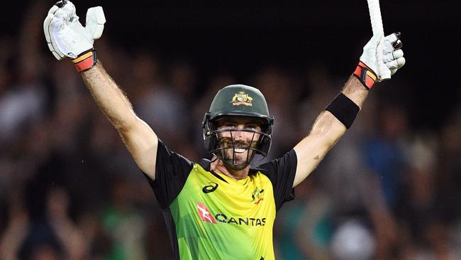 Glenn Maxwell celebrates reaching triple figures against England. Picture: AFP Photo