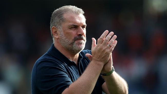 LUTON, ENGLAND - OCTOBER 07: Ange Postecoglou, Manager of Tottenham Hotspur, applauds the fans following the team's victory during the Premier League match between Luton Town and Tottenham Hotspur at Kenilworth Road on October 07, 2023 in Luton, England. (Photo by Henry Browne/Getty Images)