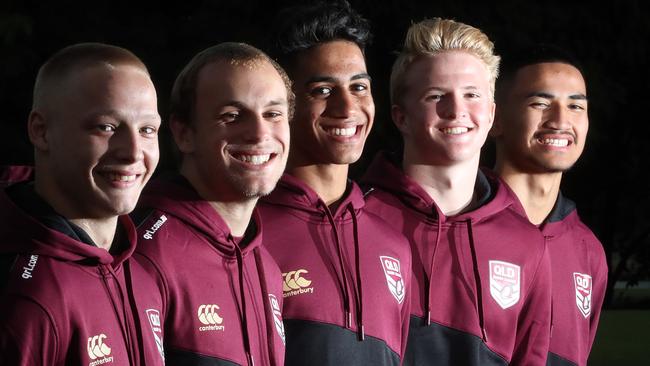 Will Evans (second from left) with Queensland under-16 teammates Nelson Grove, Alo'fiana Khan-Pereira, Ryan Garner and Eli Morgan in 2017. Picture: Richard Gosling