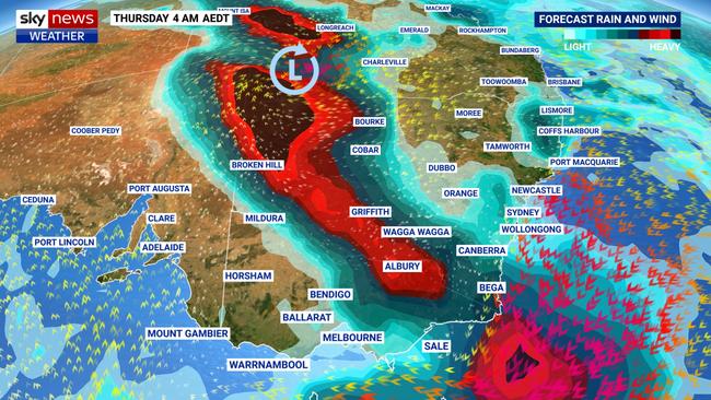 South eastern Australia is forecast to be hit by a ‘major rain event’ this week, caused by the fallout from ex-Tropical Cyclone Esther. Picture: Sky News Weather.