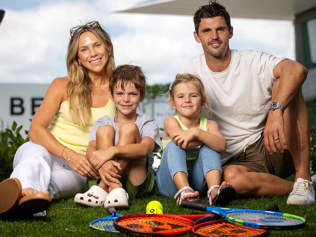 Former Collingwood captain Scott Pendlebury with his wife Alex and their children, Jax, 6, and Darcy, 4, at the Australian Open Ballpark. Picture: Mark Stewart