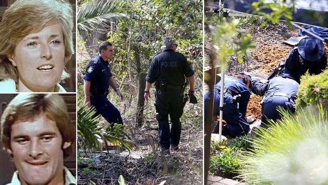 Lyn and Chris Dawson; police scour bushland behind the couple's former Bayview property as other police dig.