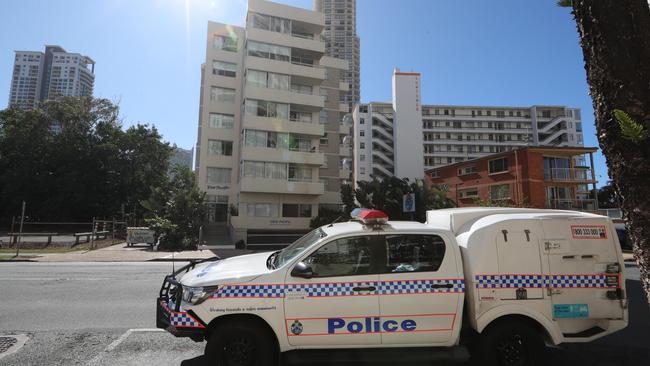 Police at the scene at View Pacific Resort in Surfers Paradise after Cian English’s dearth. Picture: Glenn Hampson.