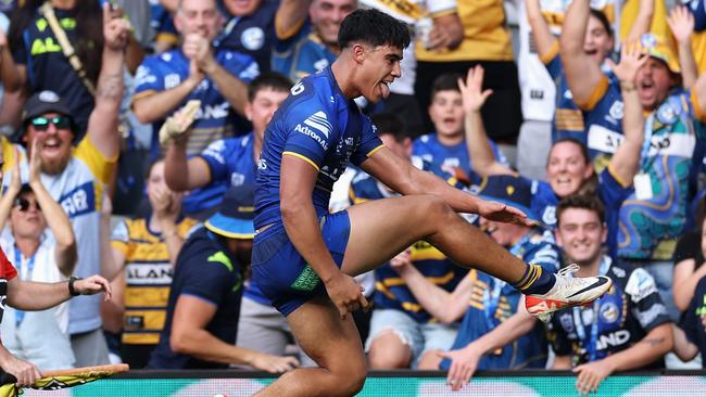 SYDNEY, AUSTRALIA - MARCH 24: Blaize Talagi of the Eels celebrates scoring a try during the round three NRL match between Parramatta Eels and Manly Sea Eagles at CommBank Stadium, on March 24, 2024, in Sydney, Australia. (Photo by Cameron Spencer/Getty Images)