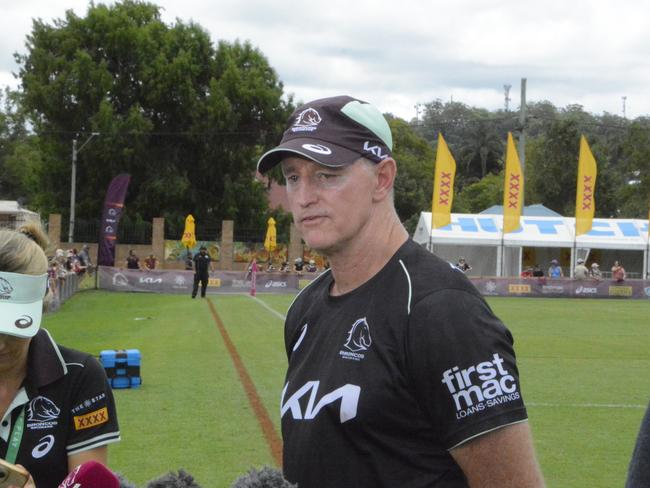 Brisbane Broncos coast Michael Maguire speaks to media at the Broncos community day at the Toowoomba Sports Ground.