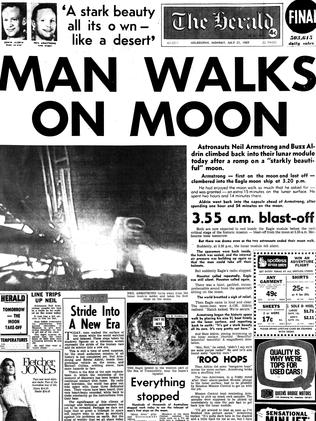 NEWS: 21.07.1969. Front page of The Herald newspaper. 1960s. Famous Front Pages. MAN WALKS ON MOON. Neil Armstrong. Buzz Aldrin. Moon landing. Moon walk. Space travel.