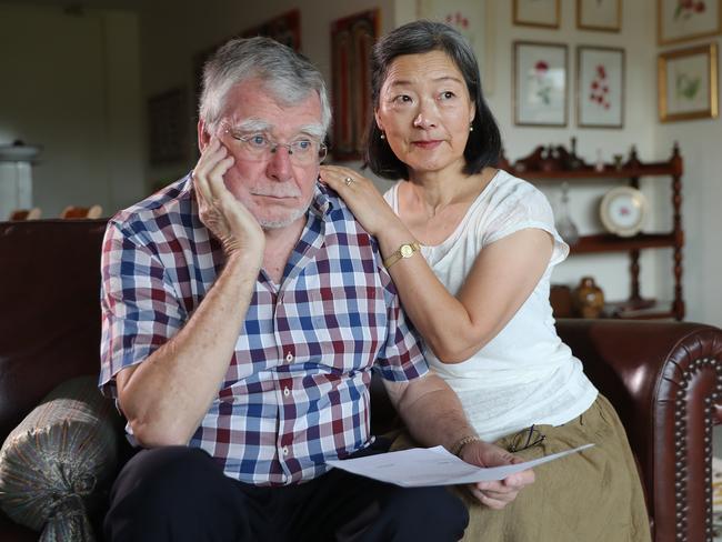 Self-funded retirees Geoff Stevens and his wife Setsuko stand to lose $16,546 a year (25 per cent of Mr Stevens’ total income), under Labor’s policy. Picture: Alex Coppel