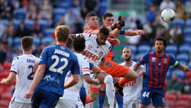 NEWCASTLE, AUSTRALIA – NOVEMBER 09: Action from the goal mouth during the Round 5 A-League match between the Newcastle Jets and the Perth Glory at McDonald Jones Stadium on November 09, 2019 in Newcastle, Australia. (Photo by Ashley Feder/Getty Images)