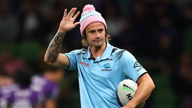 MELBOURNE, AUSTRALIA - MAY 11: Nicholas Hynes of the Sharks looks on prior to the round 10 NRL match between Melbourne Storm and Cronulla Sharks at AAMI Park on May 11, 2024 in Melbourne, Australia. (Photo by Graham Denholm/Getty Images)