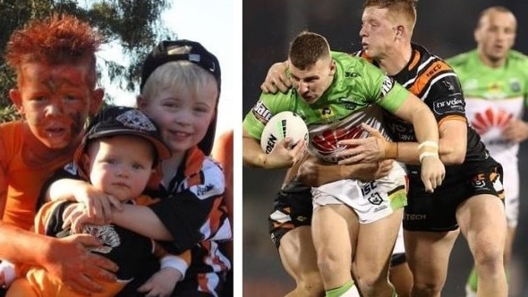 The NRL gun, left, as a young fan about to watch the 2005 grand final, and right playing in his debut NRL season last year.