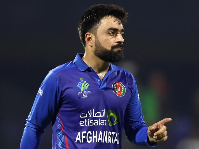 SHARJAH, UNITED ARAB EMIRATES - MARCH 18: Rashid Khan of Afghanistan gestures  during the Men's Twenty20 International match between Afghanistan and Ireland on March 18, 2024 in Sharjah, United Arab Emirates. (Photo by Francois Nel/Getty Images)
