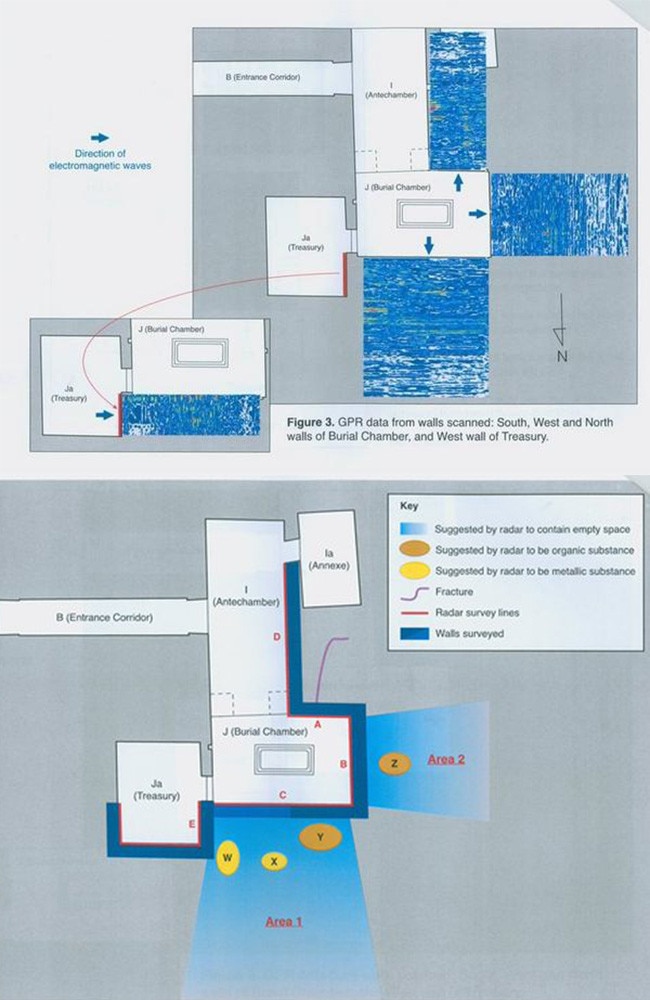 Japanese radarologist Hirokatsu Watanabe’s radar scan results, top, and his interpretation of their data. Academics were unconvinced.