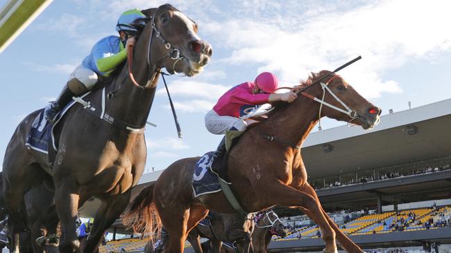 Rachel King on Shades Of Rose (left) wins the Sheraco Stakes at Rosehill on September 10. Picture: Mark Evans/Getty Images