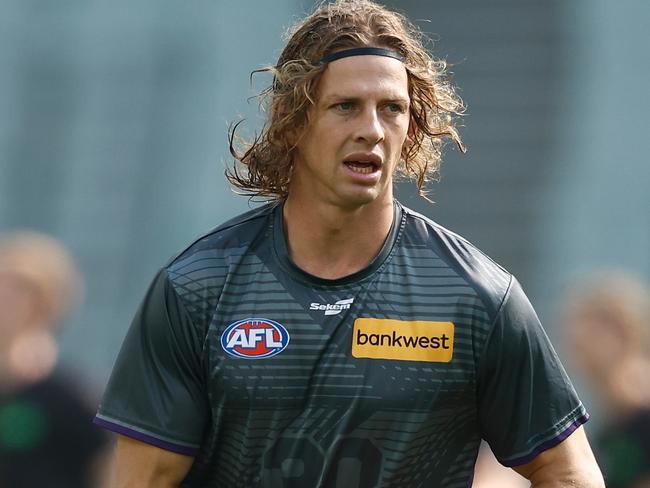 MELBOURNE, AUSTRALIA - MAY 05: Nat Fyfe of the Dockers warms up during the 2024 AFL Round 08 match between the Richmond Tigers and the Fremantle Dockers at The Melbourne Cricket Ground on May 05, 2024 in Melbourne, Australia. (Photo by Michael Willson/AFL Photos via Getty Images)