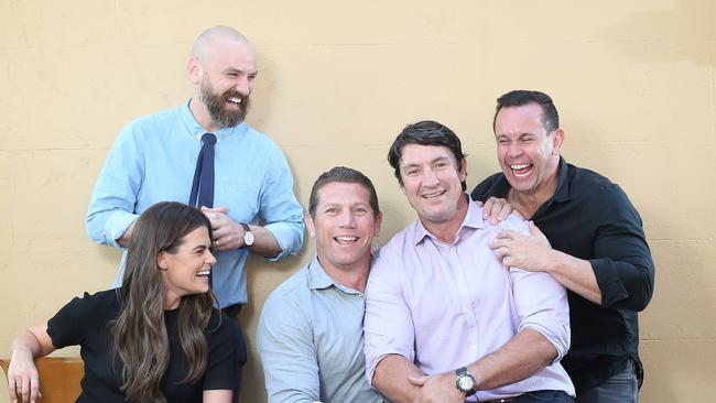 From left — Hannah Hollis, The Professor, Brian Fletcher, Matty Johns and Nathan Hindmarsh. The Matty Johns Show Picture: Richard Dobson