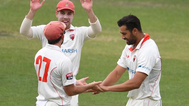 Wes Agar celebrates the wicket of Mac Wright. Picture: Steve Bell/Getty