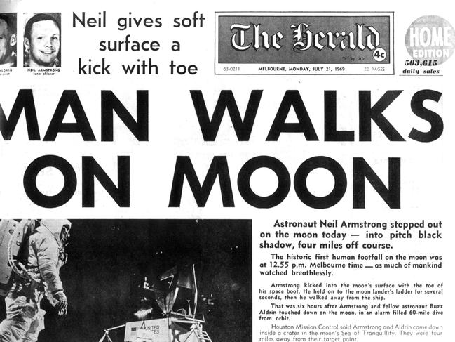 The Herald front page in 1969. Neil Armstrong and Buzz Aldrin won a Logies for TV’s greatest moment in 1970.