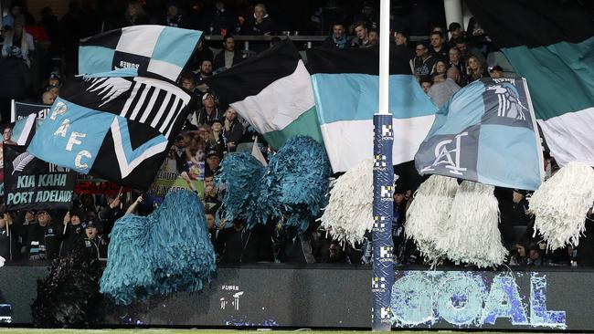 Port Adelaide Cheer Squad celebrate a goal. Picture SARAH REED