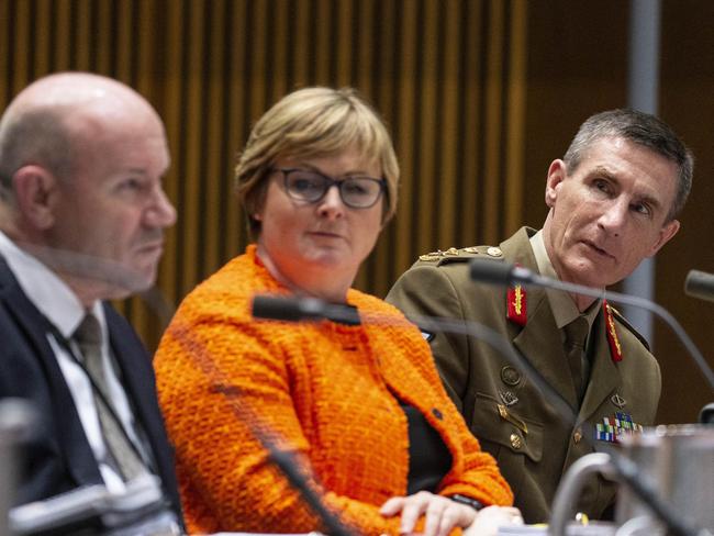 Senate Estimates into the department of Defence at Parliament House in Canberra. Secretary of Defence Greg Moriarty, Minister for Defence Senator Linda Reynolds and CDF General Angus Campbell appeared at estimates. Picture Gary Ramage